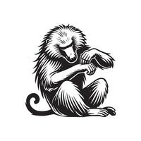 Baboon silhouette, Baboon clipart, A Baboon Grooming Illustration in black and white vector