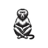 Baboon silhouette, Baboon clipart, A Baboon Sitting Calmly Illustration in black and white vector