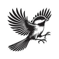 Black-capped Chickadee Bird Clipart - Black-capped chickadee fully extended upwards illustration in black and white vector