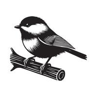 Black-capped Chickadee Bird Clipart - Black-capped Chickadee Perched On A Branch illustration in black and white vector