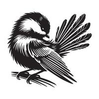 Black-capped Chickadee Bird Clipart - Black-capped Chickadee Preening Feathers illustration in black and white vector