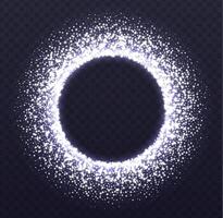 Glowing circle frame with sparkles. Flying silver dust isolated on dark background. vector