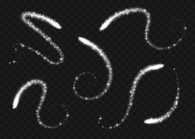 Silver magic swirls collection isolated on dark background. White light trails with sparkles, glowing light. vector