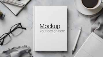 Mockup of a notebook on a desk with a cup of coffee and a pen psd