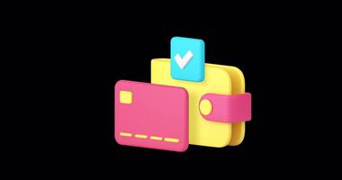 Wallet card success online payment financial balance budget shopping 3d icon animation loop with alpha channel video
