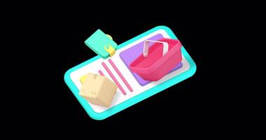 Online shopping application payment 3d icon animation loop with alpha channel video