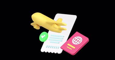 Travel planning agency service airplane with ticket and passport 3d icon animation loop with alpha channel video