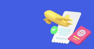 Travel planning agency service airplane with ticket and passport 3d icon animation loop video