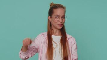 Child girl pointing down, gesturing subscribe, ok and like, showing place for commercial information video