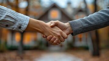 Real estate agent shakes hands with the client to sign the home purchase contract photo