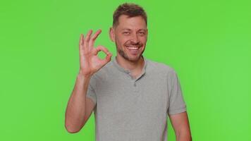 Bearded man guy looking approvingly at camera showing ok gesture, like sign positive, approve good video