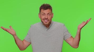 Handsome irritated man raising hands in indignant expression, asking why, what reason of failure video