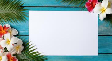 Horizontal wooden blue background. Sheet for taking notes during a vacation trip with tropical plants. Copy space. photo