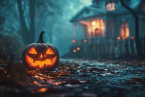 Background. Halloween card. Night, a pumpkin with glowing eyes against the background of a house. photo