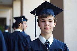 Student wearing graduation gown and graduation cap. photo