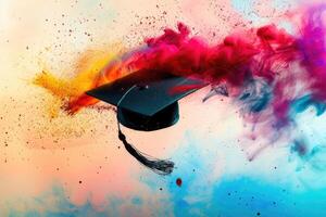 Graduation cap in the air. Bright colors photo