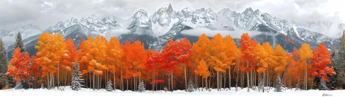 Vibrant orange and red autumn trees vividly contrast with the snow-covered mountains in the distance photo