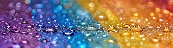 A colorful rainbow stretches across an ultra-wide background, adorned with water droplets in a macro photography shot photo