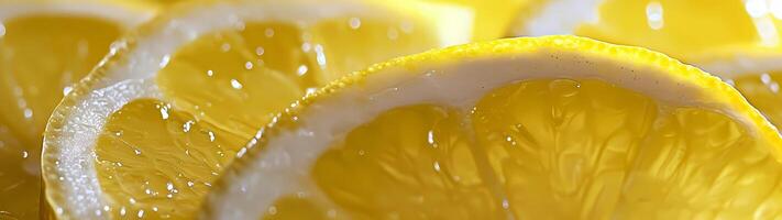 A hyper-realistic macro photo captures the intricate details of vibrant lemon slices