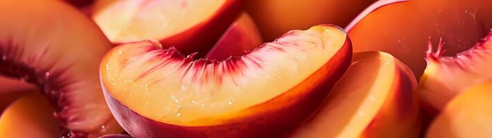 A hyper-realistic macro photo captures the intricate details of juicy peach slices