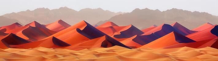 Orange and red dunes stretch across the digital canvas, with distant mountains forming a dramatic backdrop photo