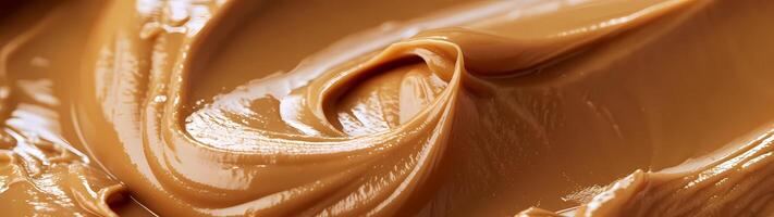 A hyper-realistic macro shot captures the smooth, creamy texture of peanut butter in exquisite detail photo