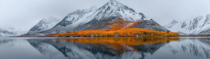 A panoramic view captures a snowy mountain with orange trees at its base, reflected in a lake beneath an overcast sky photo