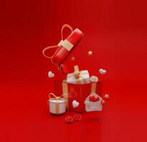Happy Valentines Day with Open Gift Box on Red Background for Greeting Cards and Invitations 3D Illustration photo