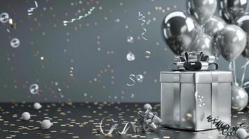 silver gift party box with ribbon bow on background with balloons, confetti. gray tone.Space for text,party concept or birthday celebration. photo