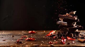 pieces of chocolate, cinnamon and pepper on a wooden table. Chocolate day and delicious dessert concept photo