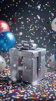 silver gift party box with ribbon bow on background with colorful balloons, confetti.party concept or birthday celebration photo