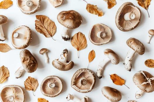 Autumn background of wild forest mushrooms and leaves, top view on white background. photo