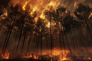 Intense forest fire engulfing trees, with flames and smoke creating a dramatic scene. Highlights environmental issues and the devastating impact of wildfires on ecosystems and climate change. photo