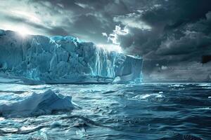 A lonely iceberg breaking off in the sea, global warming, an environmental disaster, melting glaciers. photo