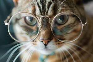 Close-up of the face of a cute cat in glasses, a stylish funny kitten, animals. photo