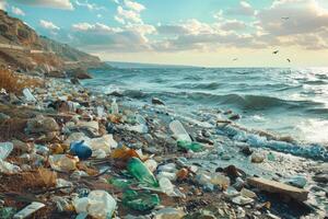 Polluted sea beach with garbage, environmental problem, plastic waste, nature and animals suffer from human actions. photo
