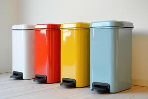 Multicolored garbage cans containers for separate garbage collection, recycling, nature and resource conservation, environmental problem. photo