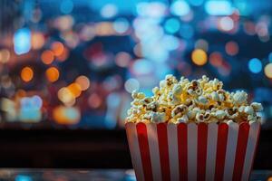 A classic box of popcorn for watching a movie on the big screen, food for the cinema, a large TV, a fun pastime. photo