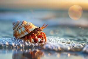 Cute hermit crab with a shell walks looking for food on the seashore, marine life, animals, nature. photo