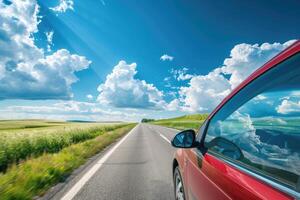 A bright shot of a summer car trip, where the road ahead opens. Traveling, going out into nature, vacation. photo