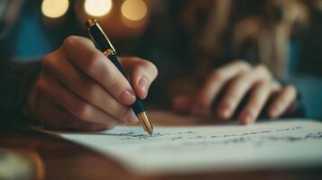 Close-up of hands holding a pen writing on paper photo