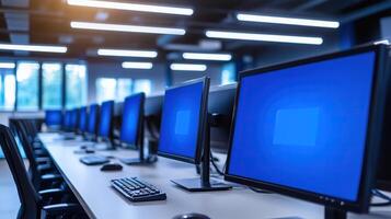 Row of office computers displaying blue screen photo
