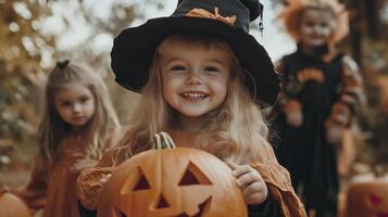 Little kids in costume celebrating halloween photo