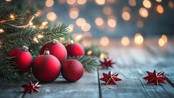 Beautiful red Christmas ornaments on tree branches photo