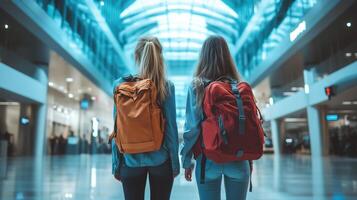 Two girls with backpacks photo