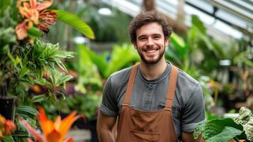 Smiling young male florist in a greenhouse photo