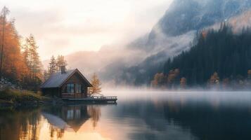 Serene lake scene with misty mountains and a wooden cabin photo