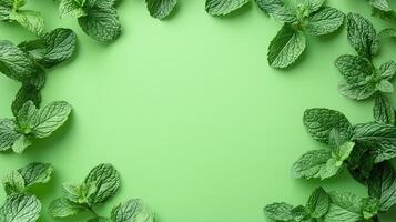 Fresh mint leaves arranged on a plain green photo