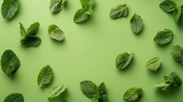 Fresh mint leaves arranged on a plain green photo
