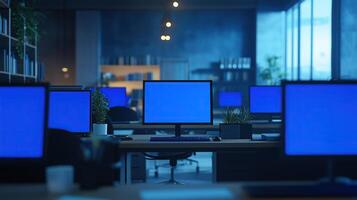Row of office computers displaying blue screen photo